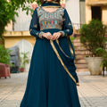 Majestic Teal Blue Faux Georgette Designer Gown with Multi Thread Work and Dupatta