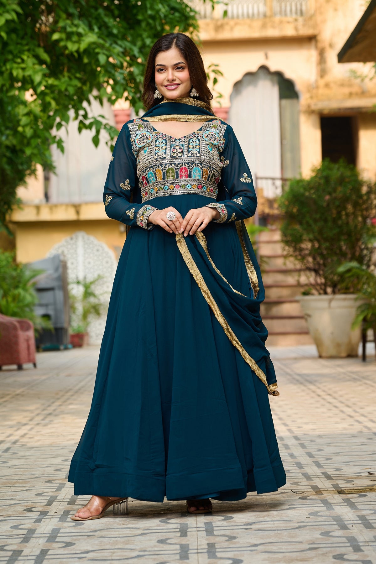 Majestic Teal Blue Faux Georgette Designer Gown with Multi Thread Work and Dupatta