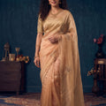 Luxurious Champagne Gold Organza Saree Jarkan Work for Women