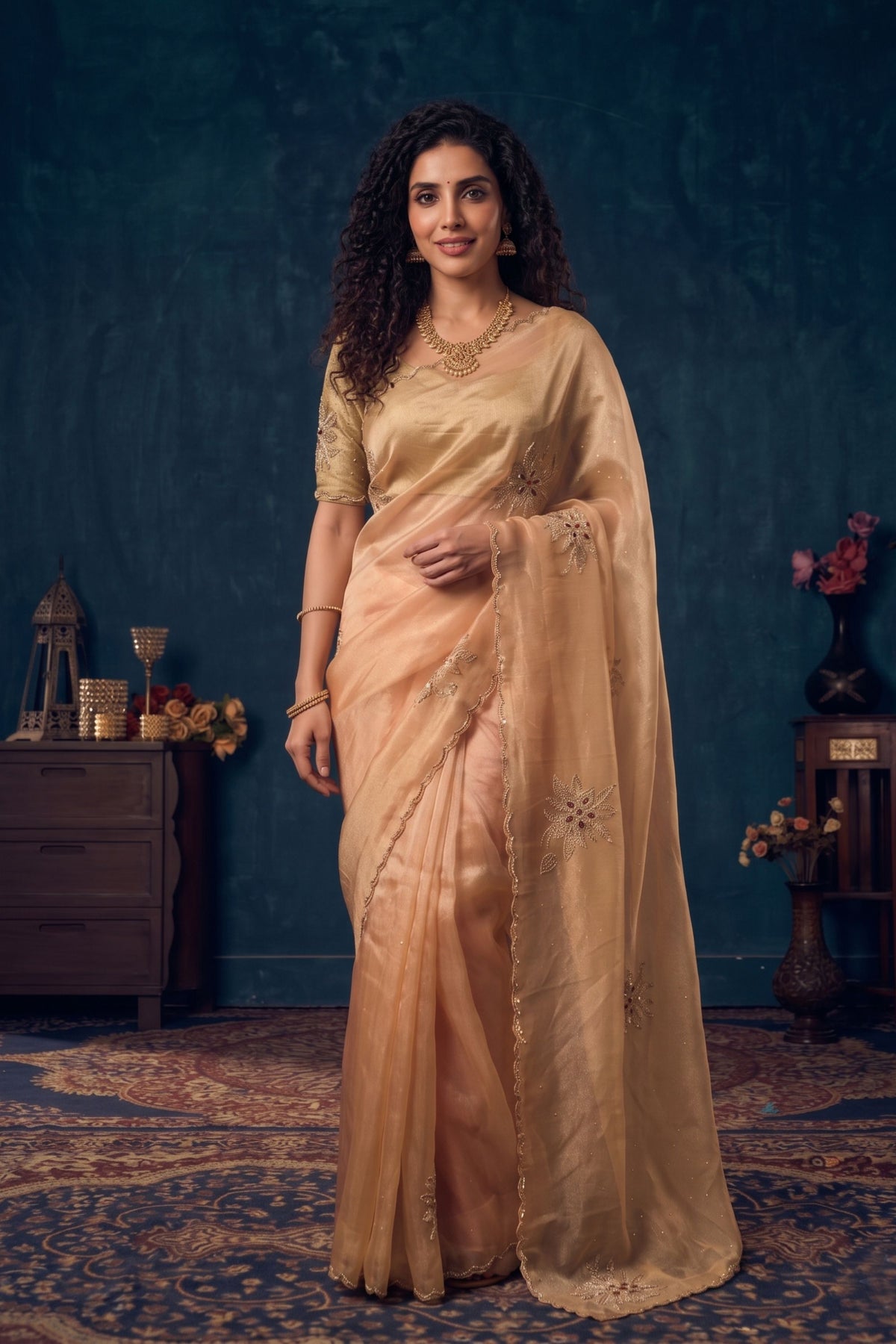 Luxurious Champagne Gold Organza Saree Jarkan Work for Women