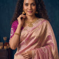 Beautiful Pink Organza Saree with Floral Embroidery and Jarkan Work for Women