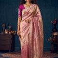 Beautiful Pink Organza Saree with Floral Embroidery and Jarkan Work for Women