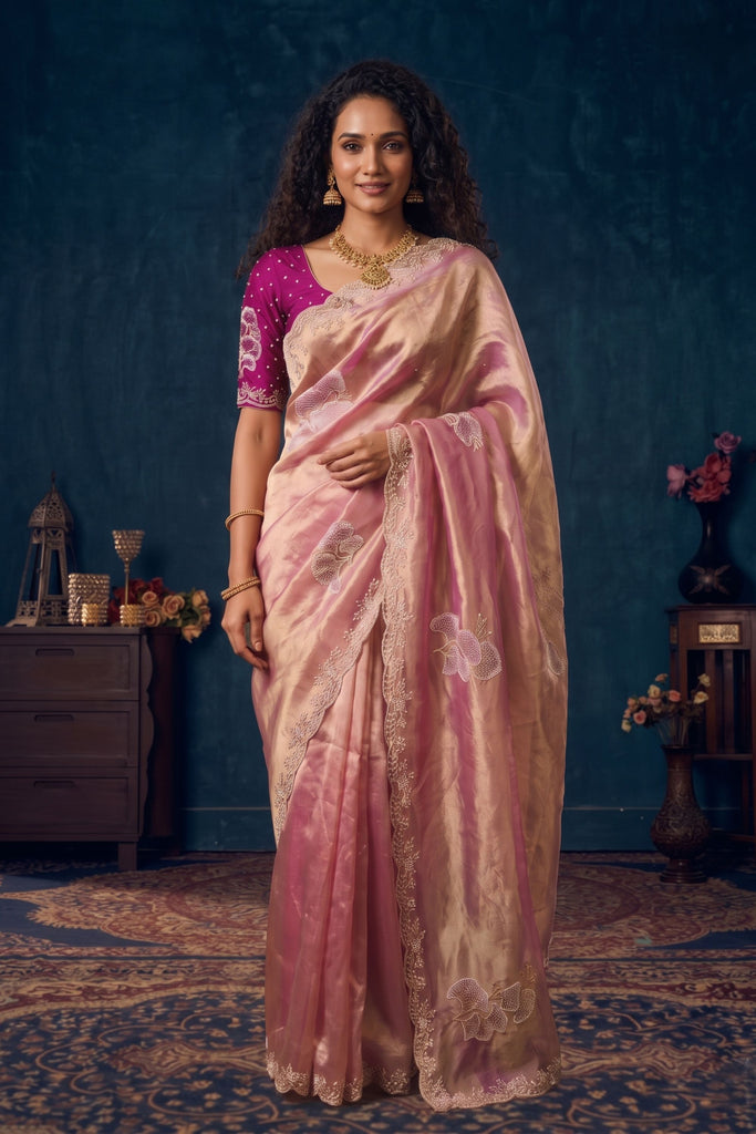 Beautiful Pink Organza Saree with Floral Embroidery and Jarkan Work for Women