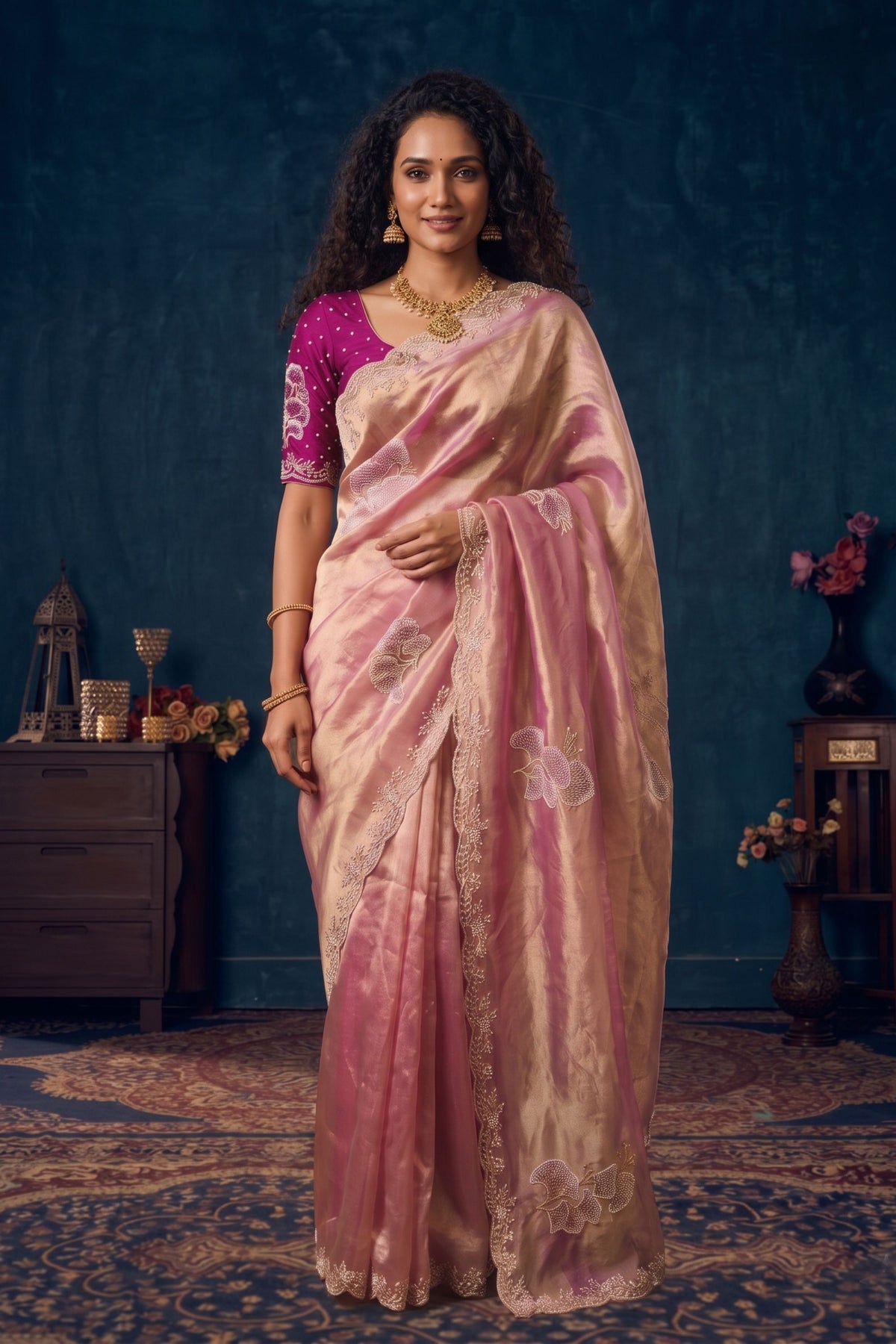 Beautiful Pink Organza Saree with Floral Embroidery and Jarkan Work for Women