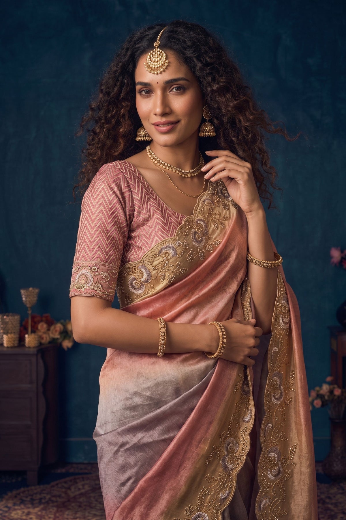Stunning Peach Organza Saree Embroidery and Jarkan Work for Women