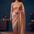 Stunning Peach Organza Saree Embroidery and Jarkan Work for Women
