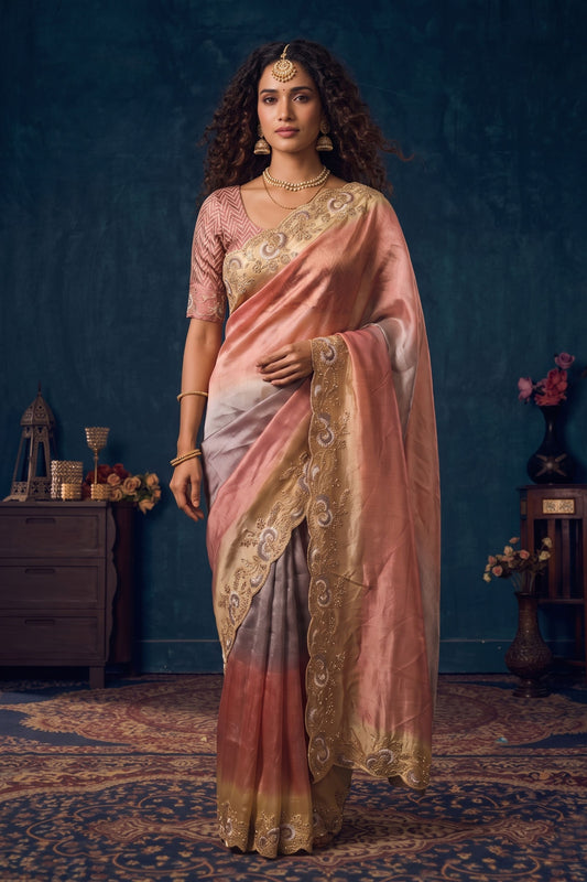 Stunning Peach Organza Saree Embroidery and Jarkan Work for Women