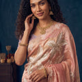 Premium Peach Pink Organza Saree Floral Embroidery and Jarkan Work for Women