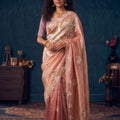 Premium Peach Pink Organza Saree Floral Embroidery and Jarkan Work for Women