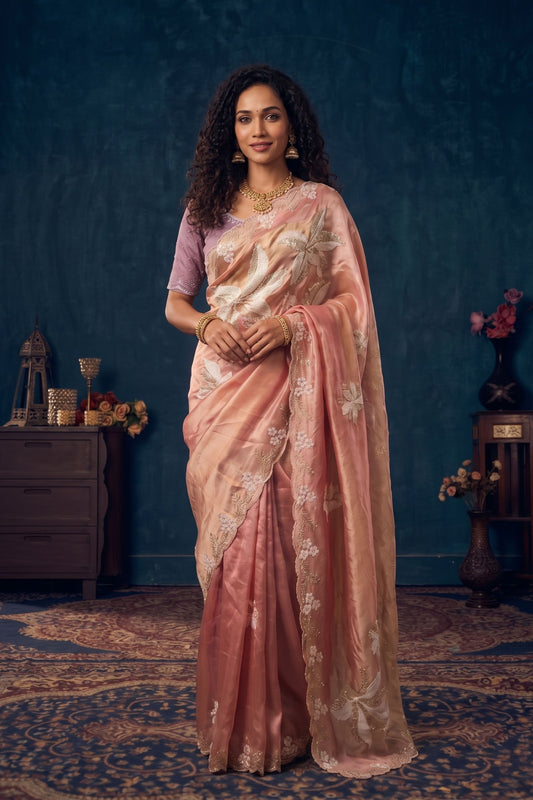 Premium Peach Pink Organza Saree Floral Embroidery and Jarkan Work for Women