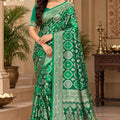 Elegant Green Satin Silk Woven Saree For Woman 