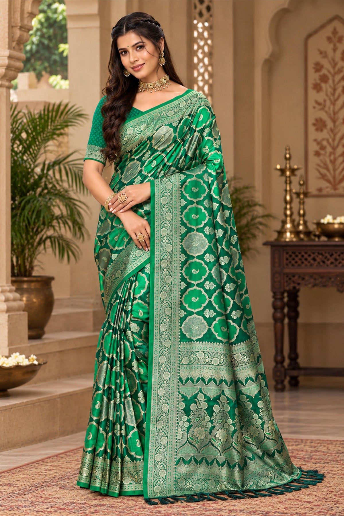 Elegant Green Satin Silk Woven Saree For Woman 