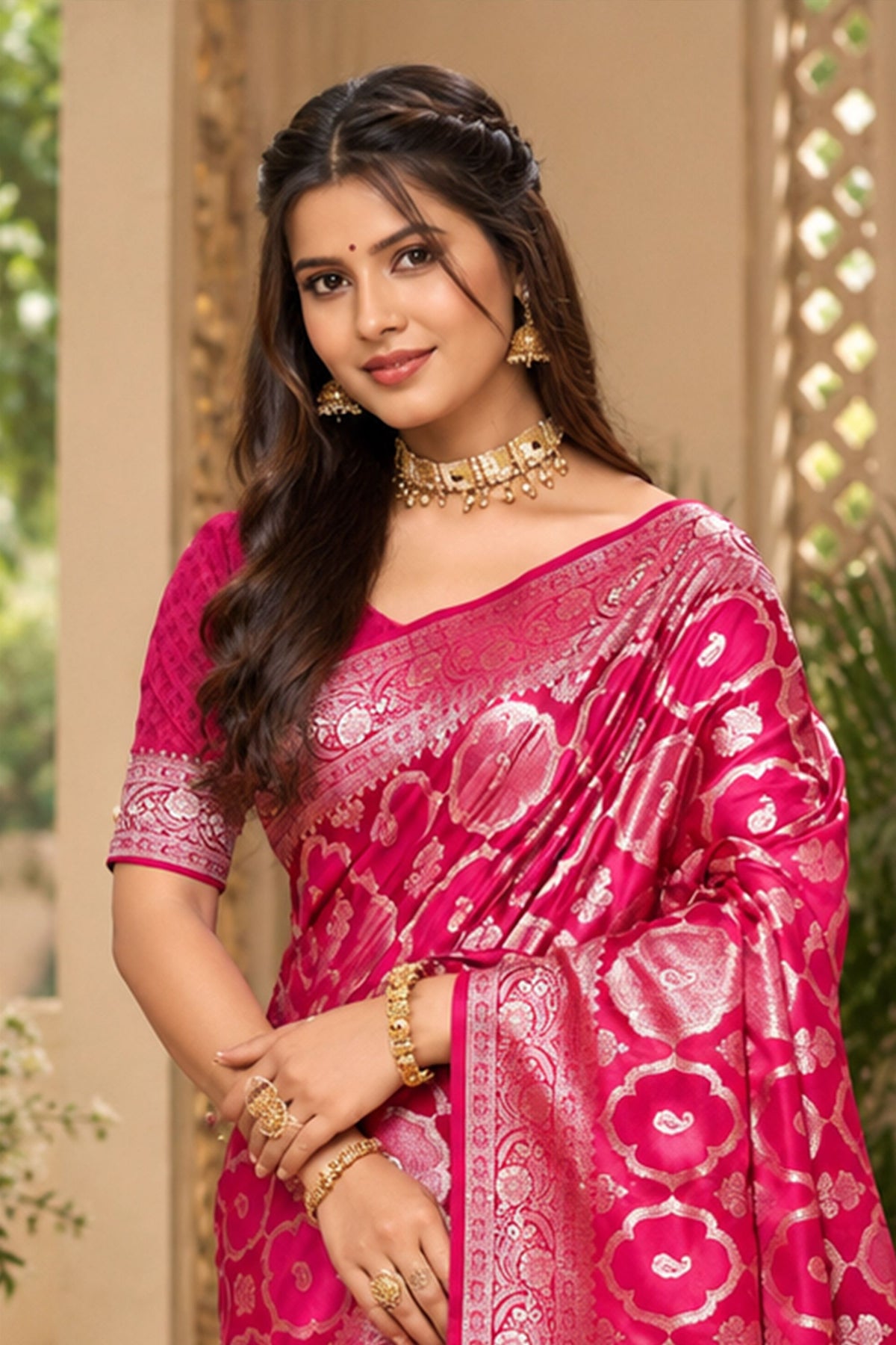 Charming Rani Pink Satin Silk Woven Designer Saree for Women
