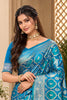 Dazzling Teal Blue Satin Silk Woven Designer Saree for Women
