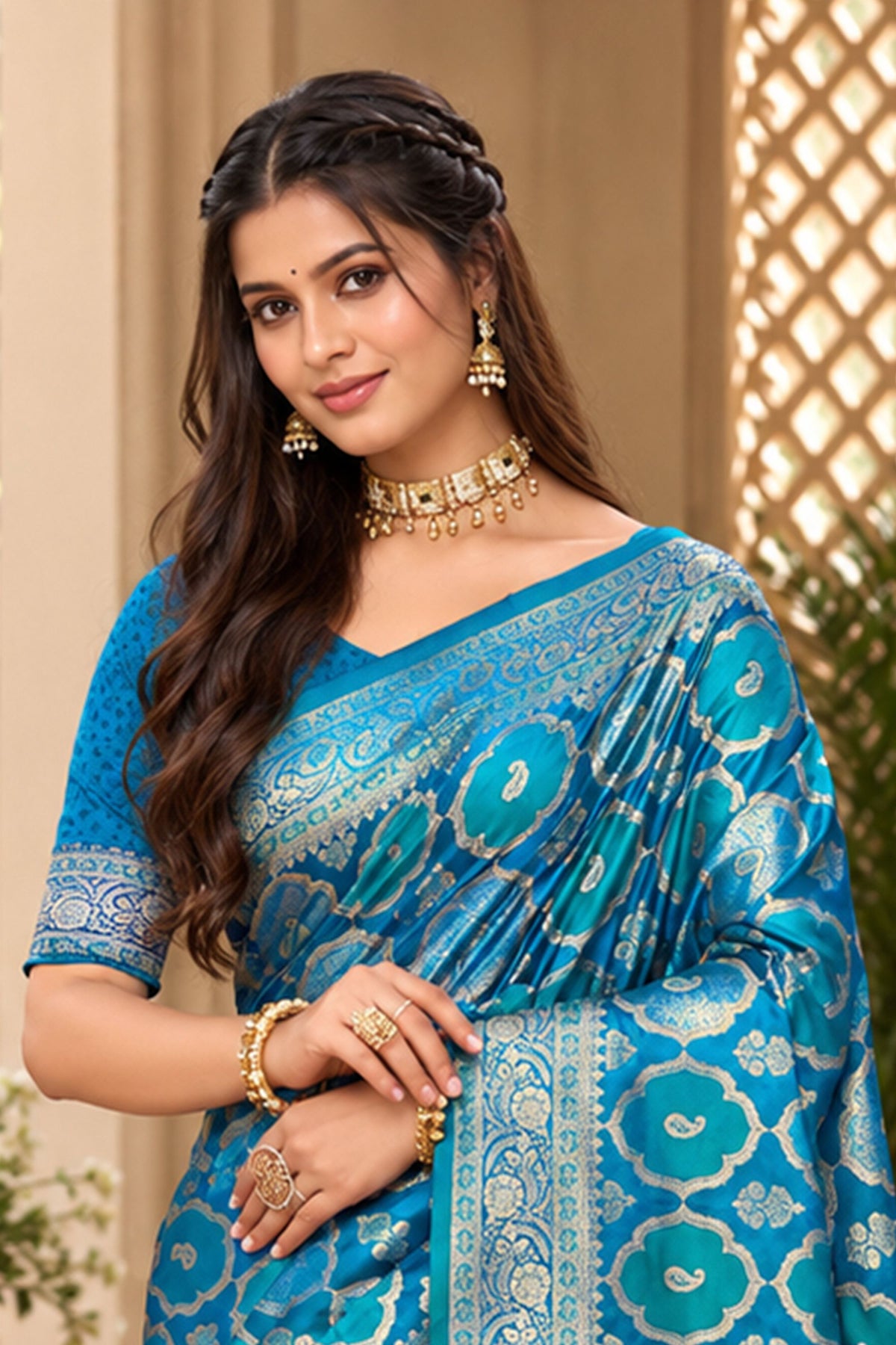 Dazzling Teal Blue Satin Silk Woven Designer Saree for Women
