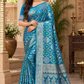 Dazzling Teal Blue Satin Silk Woven Designer Saree for Women