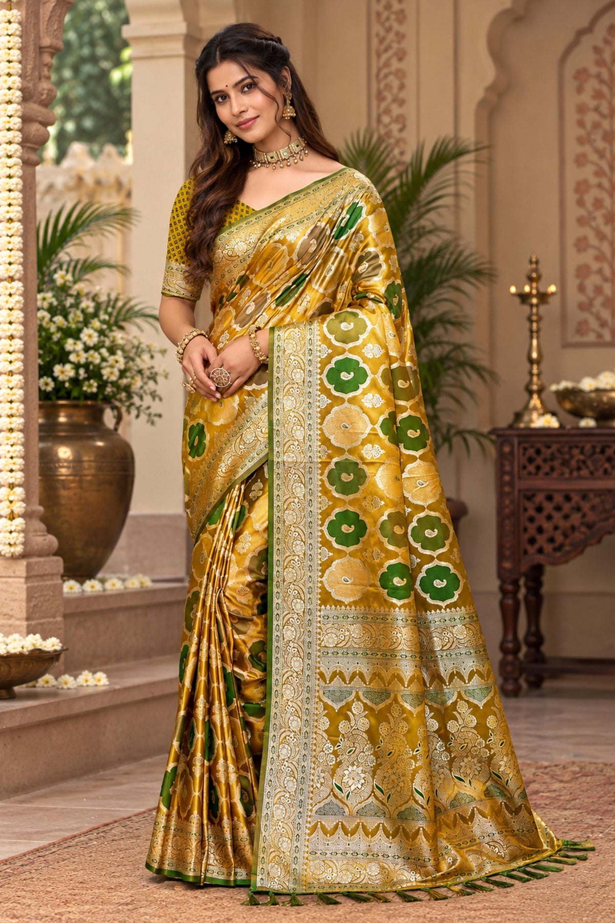 Radiant Mustard Yellow Satin Silk Woven Designer Saree for Women