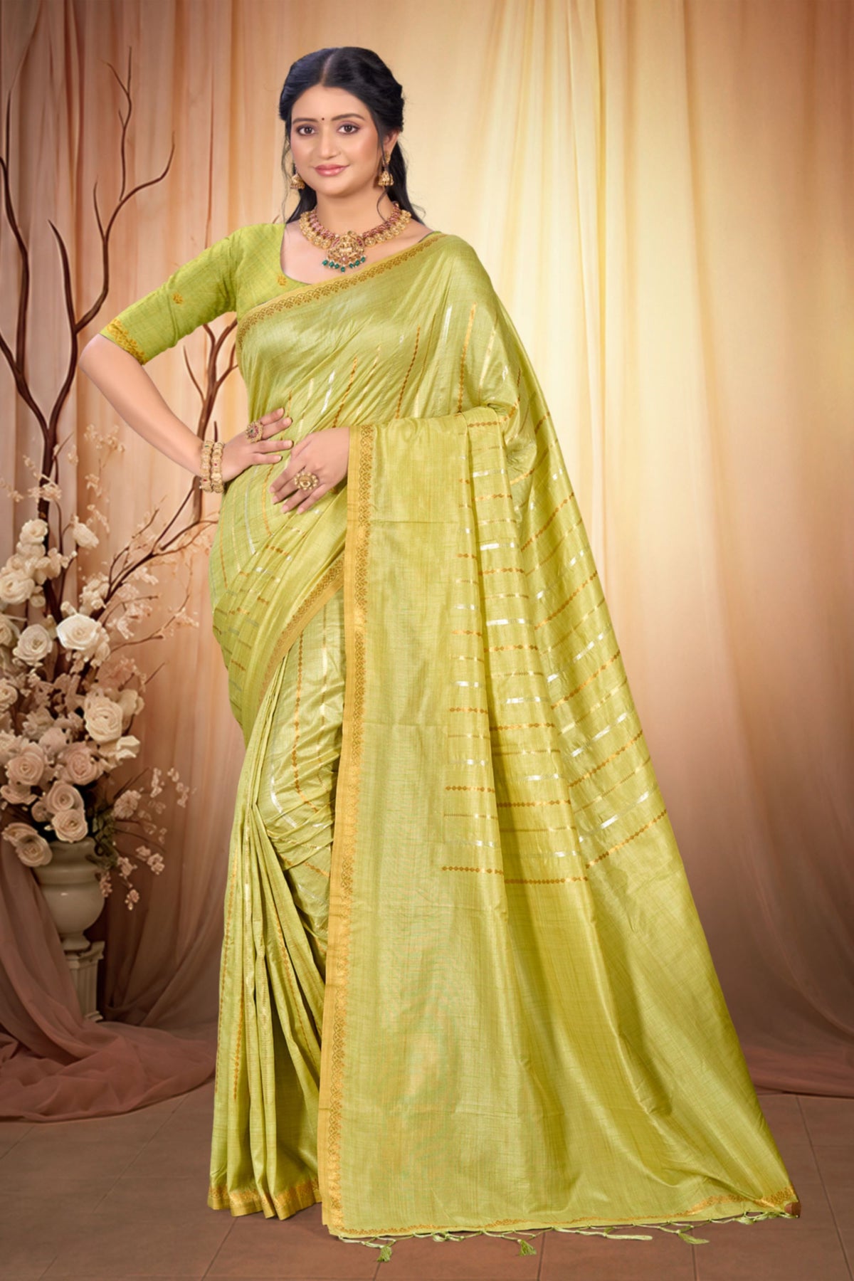 Vibrant Lime Green Assam Silk Saree with Traditional Weaving Work for Women