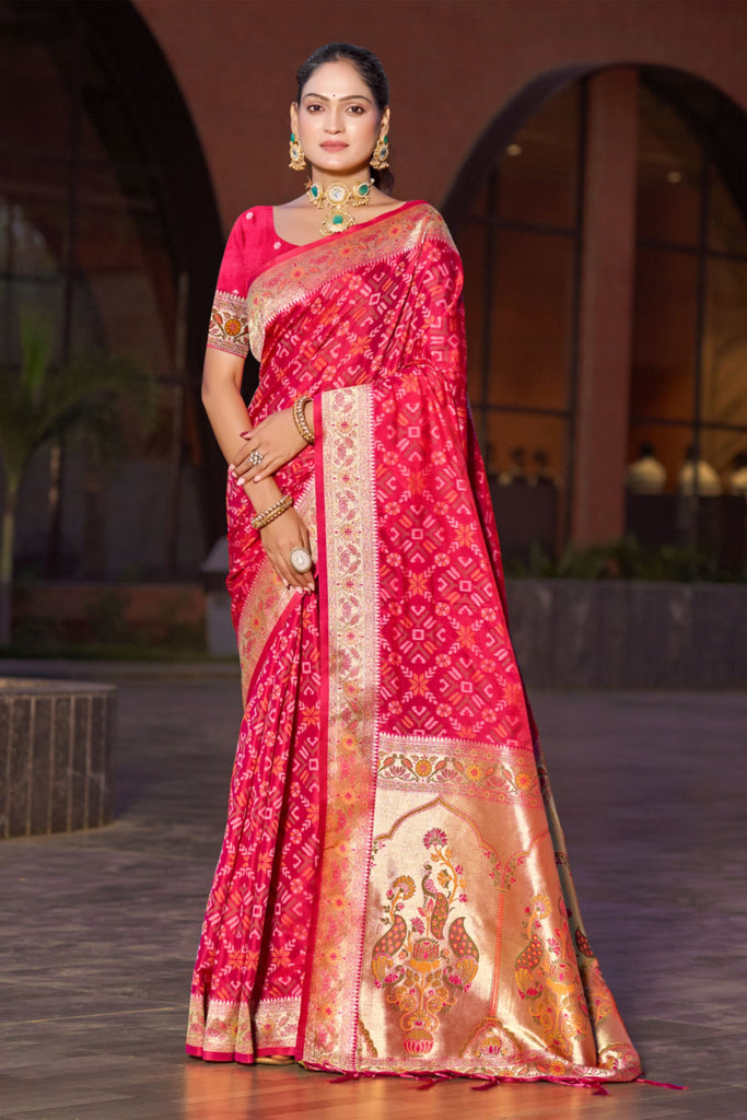 Vibrant Rani Pink Soft Silk Saree with Traditional Weaving Work for Women