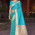 Striking Teal Blue Soft Silk Saree with Traditional Weaving Work for Women