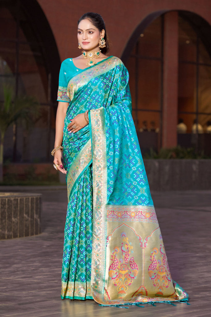 Striking Teal Blue Soft Silk Saree with Traditional Weaving Work for Women