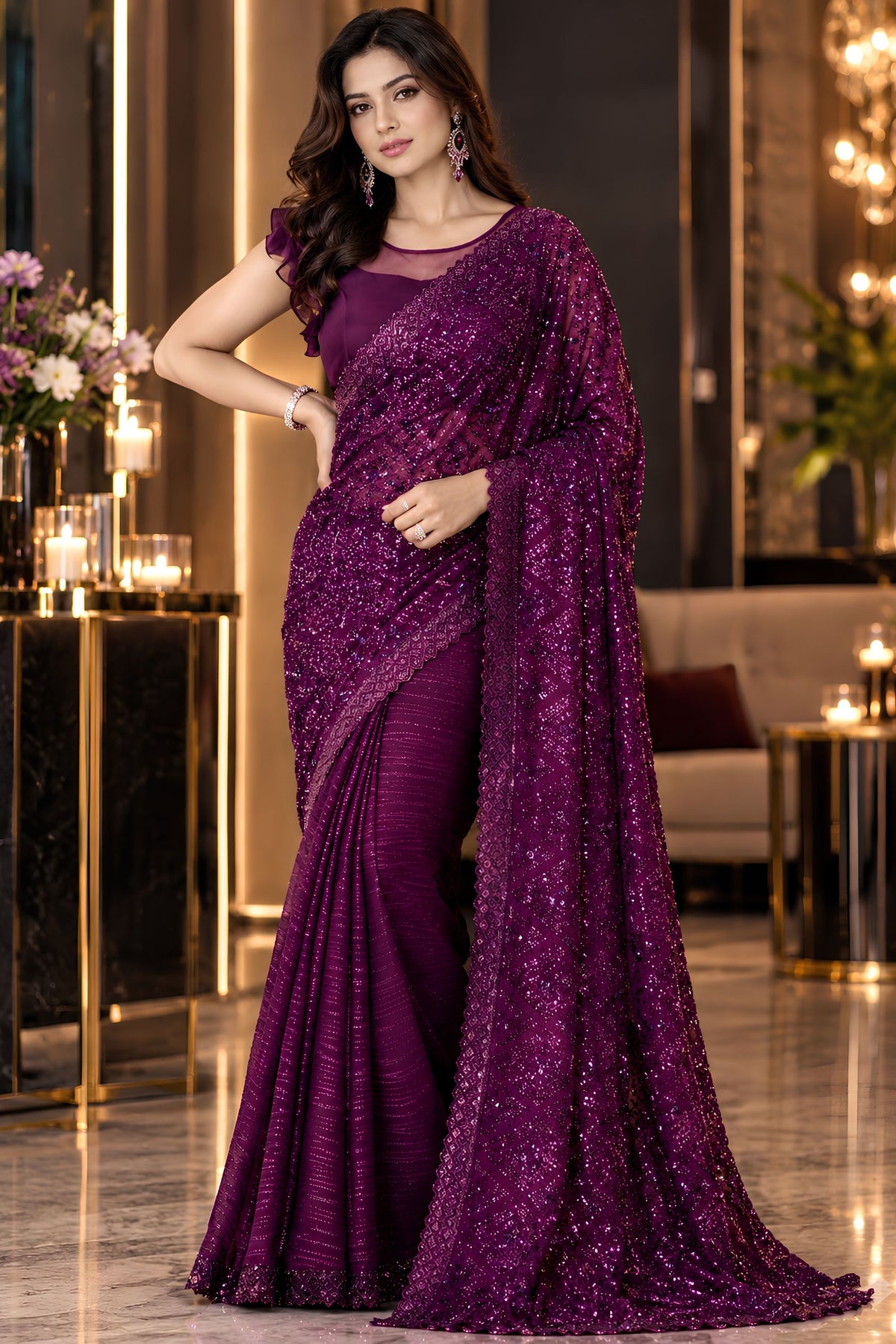Radiant Purple Georgette Silk Saree with Sequin Work for Women
