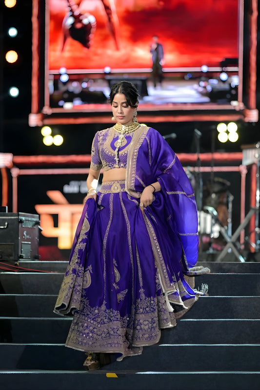 Glorious Purple Vichitra Silk Designer Lehenga Choli with Embroidery Work and Matching Dupatta