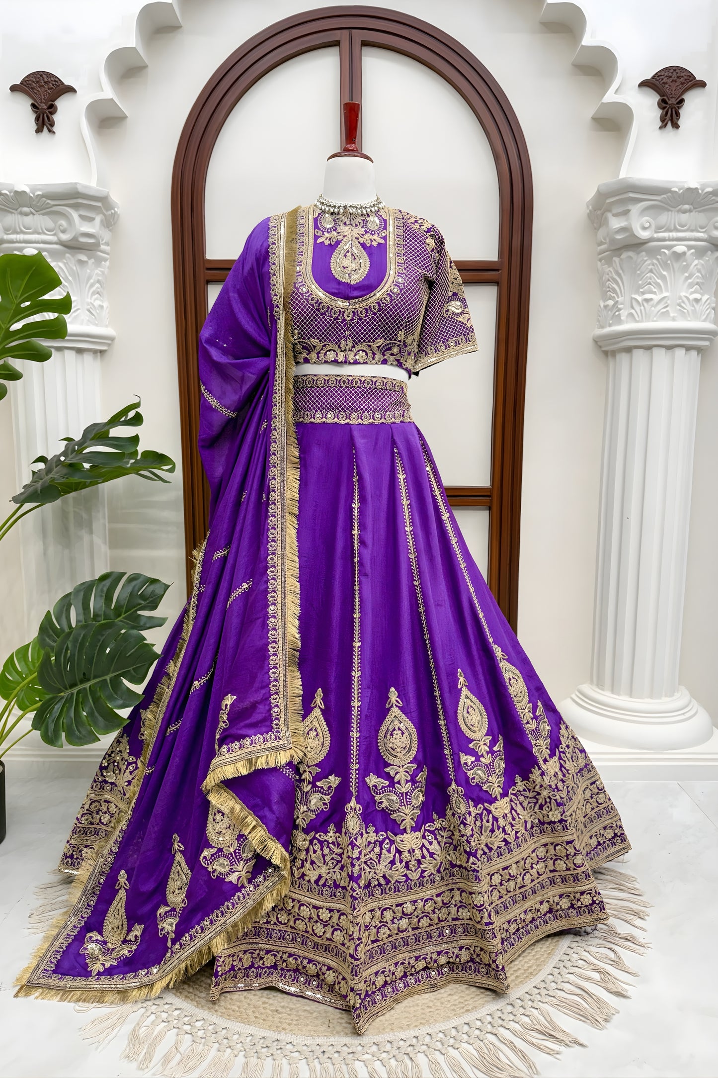Glorious Purple Vichitra Silk Designer Lehenga Choli with Embroidery Work and Matching Dupatta