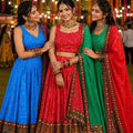 Stunning Red Crepe Satin Printed Designer Lehenga Choli with Contrast Green Dupatta