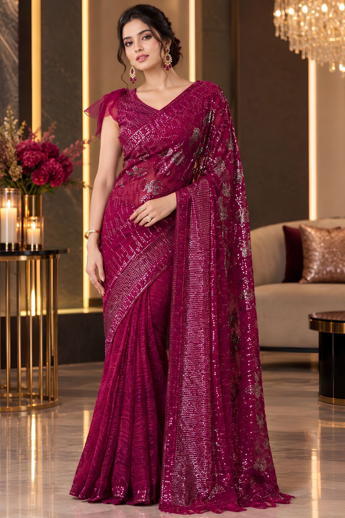 Radiant Rani Pink Georgette Silk Saree with Sequin Work for Women