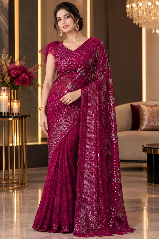 Radiant Rani Pink Georgette Silk Saree with Sequin Work for Women