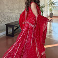 Stunning Red Georgette Sharara Suit Set Digital Print Work and Matching Dupatta