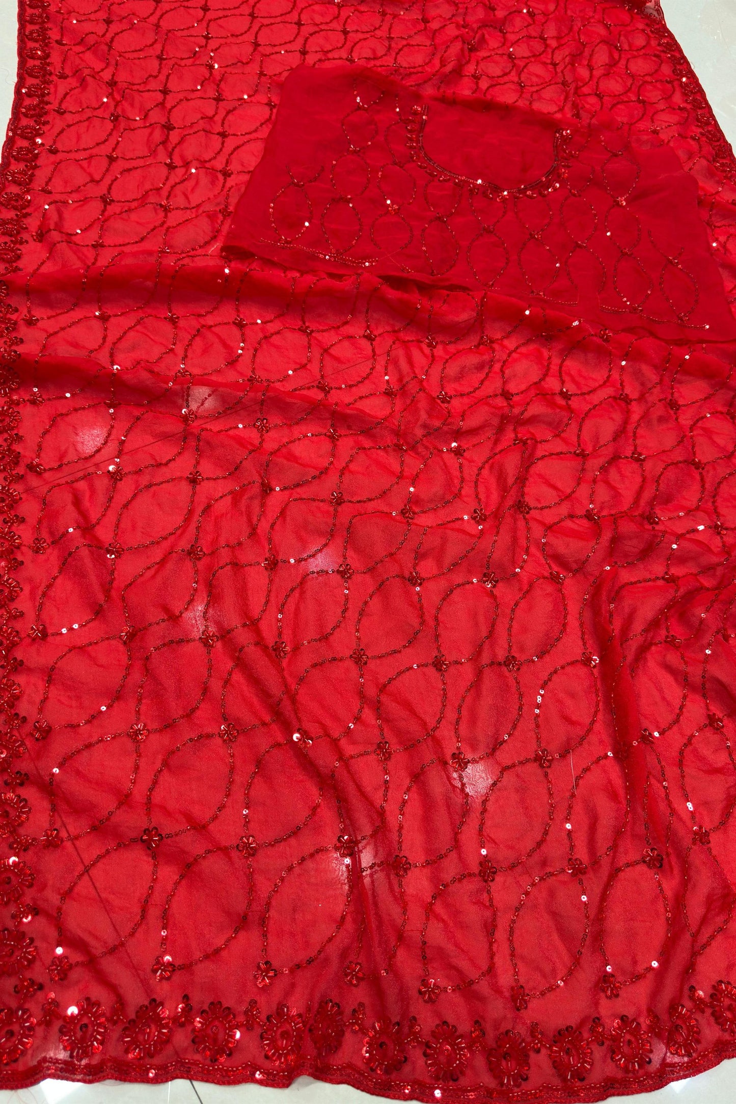Premium Red NC Moss Saree Sequin Embroidery Work for Women