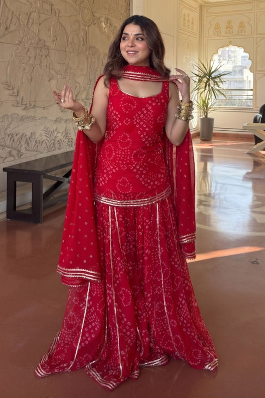 Stunning Red Georgette Sharara Suit Set Digital Print Work and Matching Dupatta