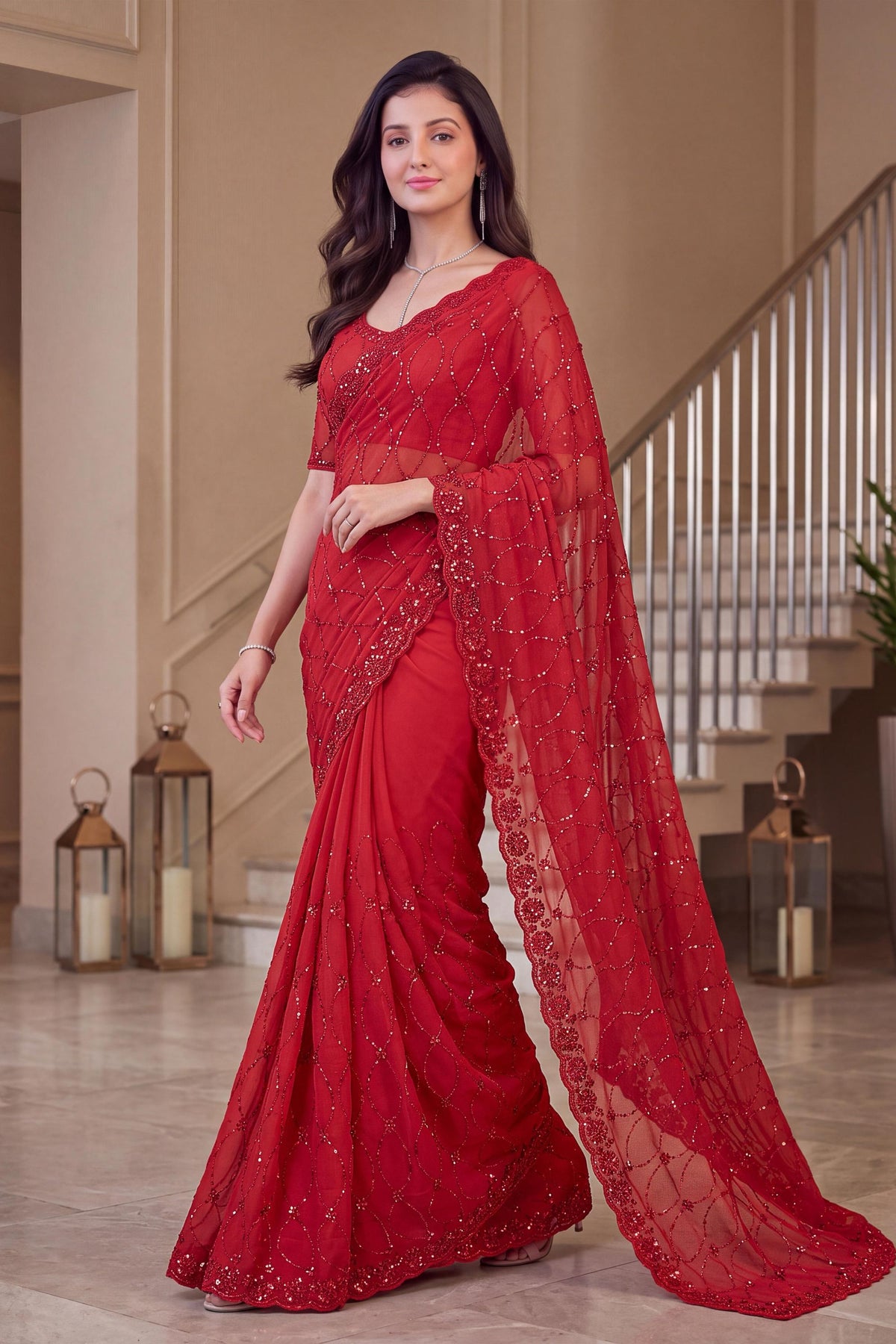 Premium Red NC Moss Saree Sequin Embroidery Work for Women