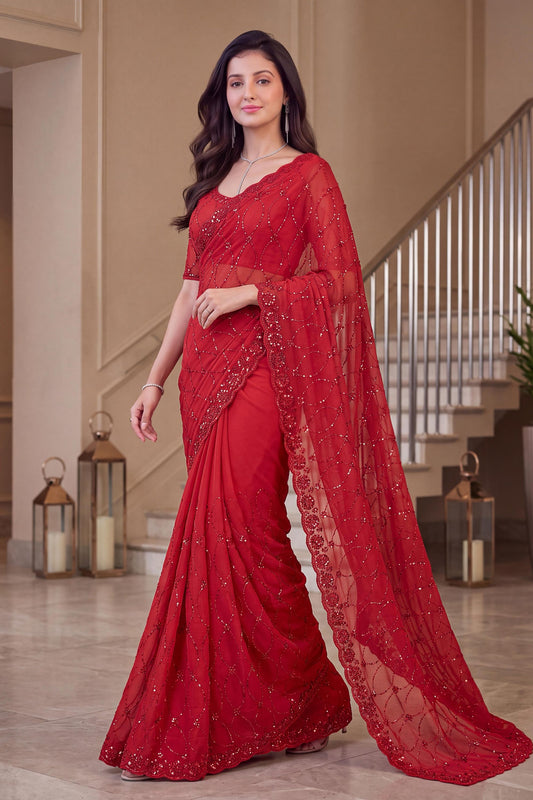 Premium Red NC Moss Saree Sequin Embroidery Work for Women