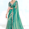 Sea Green Designer Georgette Saree Heavy Gold Embroidery Party Wear