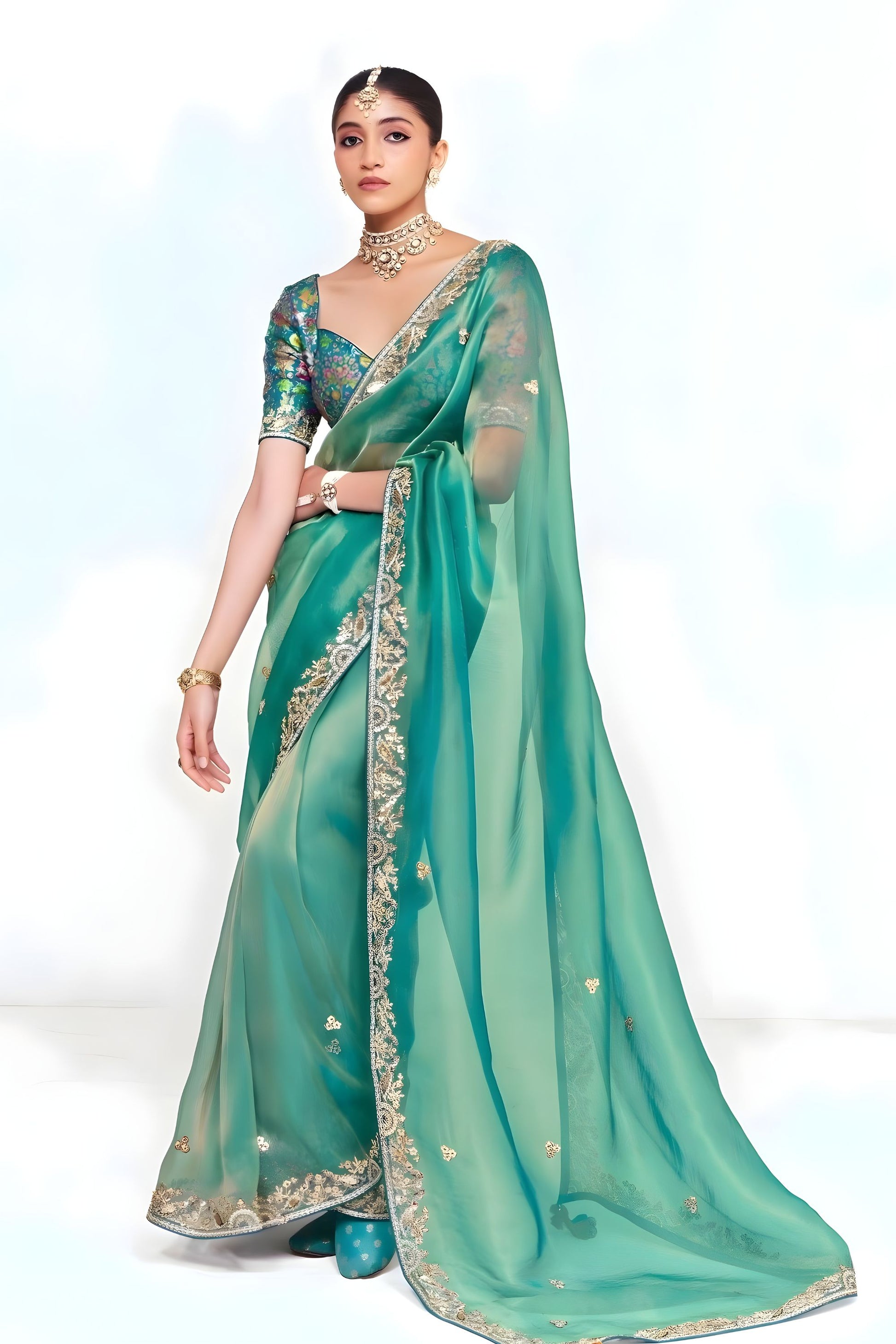 Sea Green Designer Georgette Saree Heavy Gold Embroidery Party Wear