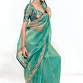 Sea Green Designer Georgette Saree Heavy Gold Embroidery Party Wear