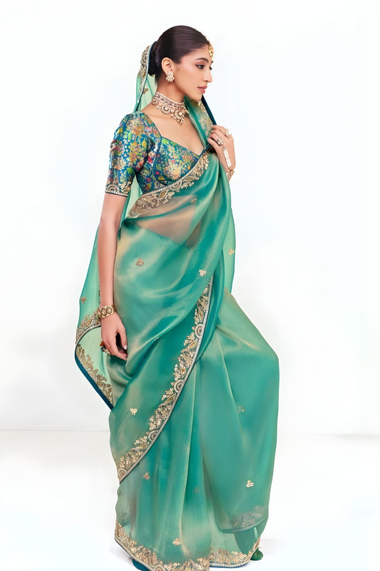 Sea Green Designer Georgette Saree Heavy Gold Embroidery Party Wear