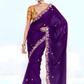 Purple Georgette Saree Gold Embroidered Border Printed Designer Blouse