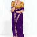 Purple Georgette Saree Gold Embroidered Border Printed Designer Blouse