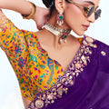 Purple Georgette Saree Gold Embroidered Border Printed Designer Blouse