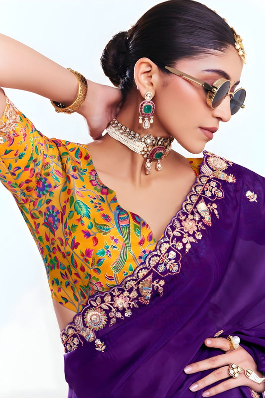 Purple Georgette Saree Gold Embroidered Border Printed Designer Blouse