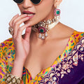 Purple Georgette Saree Gold Embroidered Border Printed Designer Blouse