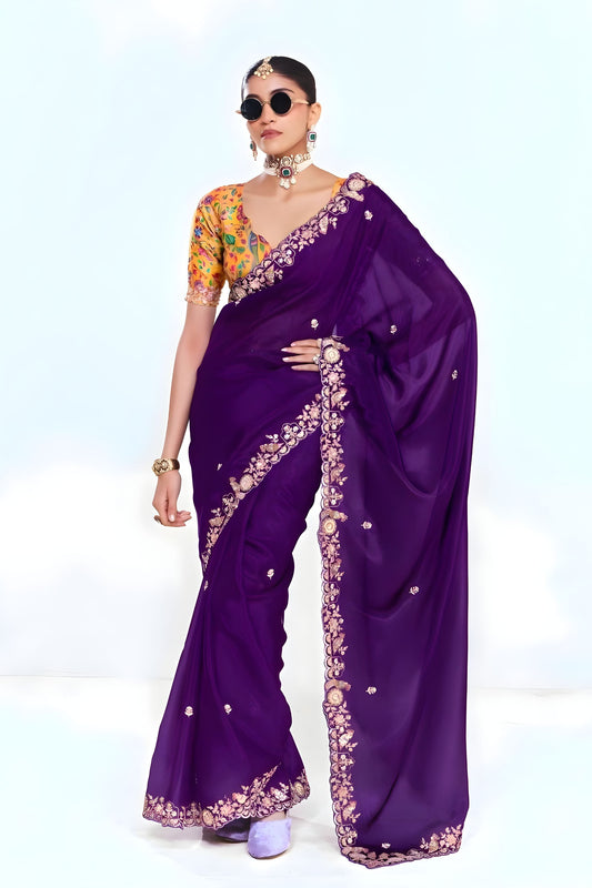 Purple Georgette Saree Gold Embroidered Border Printed Designer Blouse