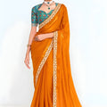 Orange Georgette Saree with Gold Lace Border and Printed Blouse