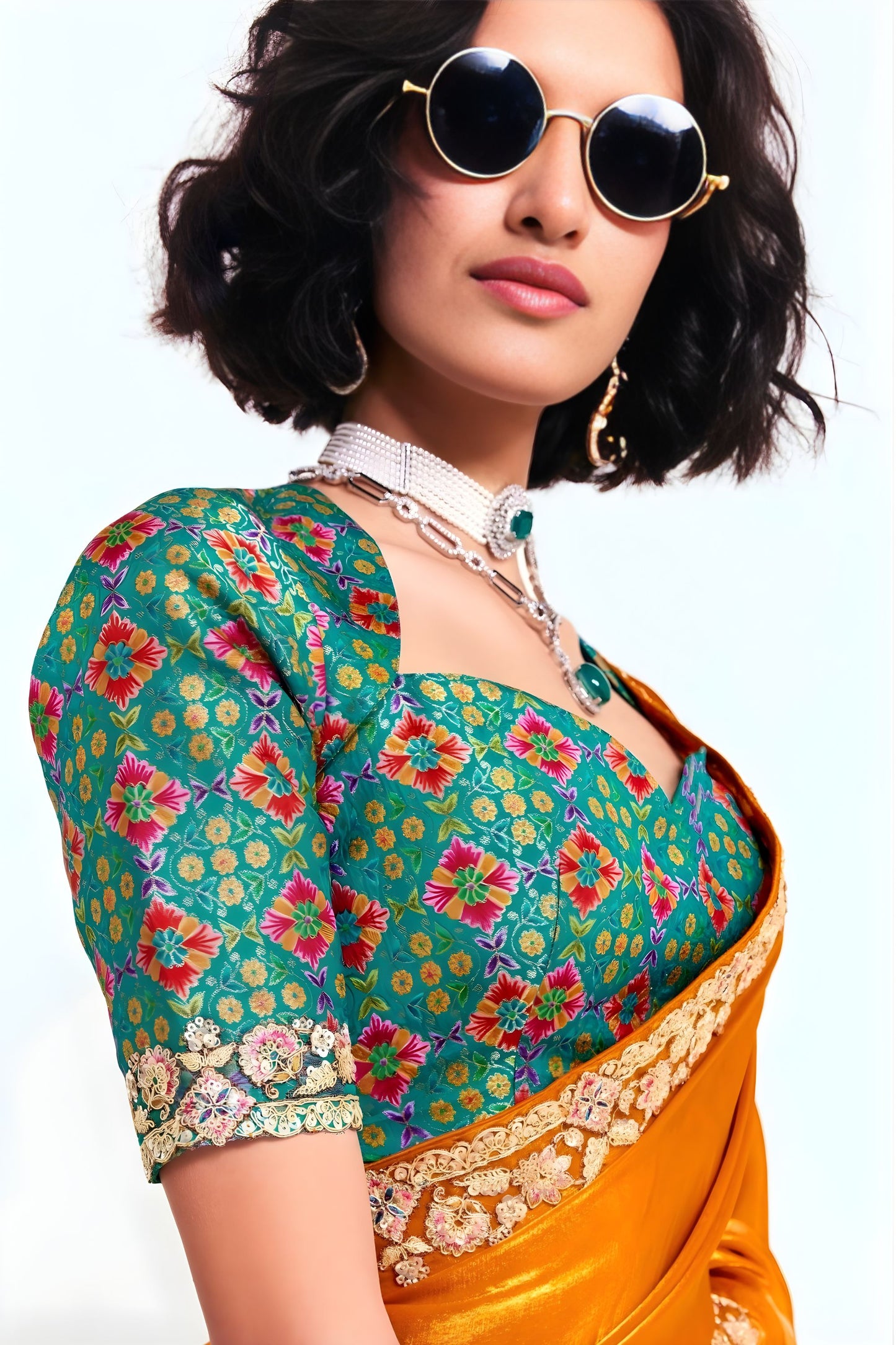 Orange Georgette Saree with Gold Lace Border and Printed Blouse