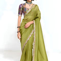 Olive Green Georgette Saree with Embroidered Lace Border 