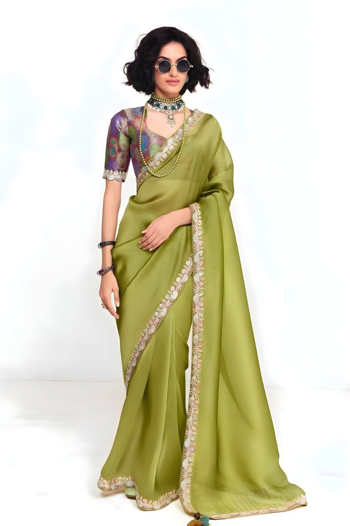 Olive Green Georgette Saree with Embroidered Lace Border 